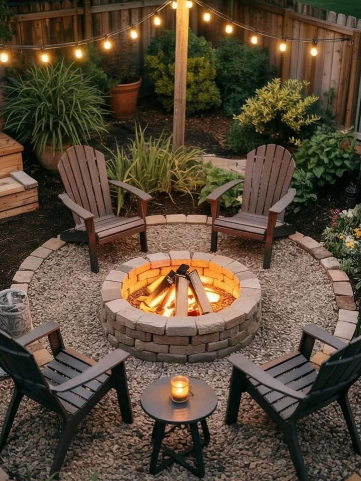 10 Foot Outdoor Kitchen: 5 Plans That Actually Fit the Space 3 A stone fire pit with a bright fire surrounded by four wooden chairs in a garden.