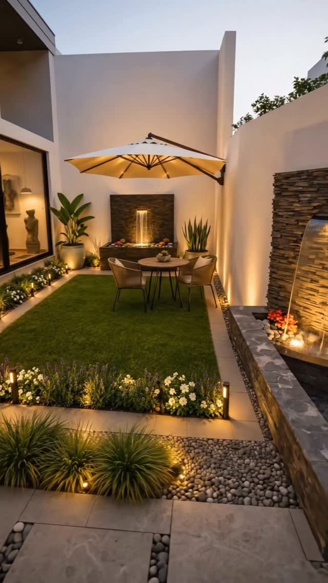 10 Foot Outdoor Kitchen: 5 Plans That Actually Fit the Space 2 A small dining set with a table and chairs sits on a lawn under a large patio umbrella.