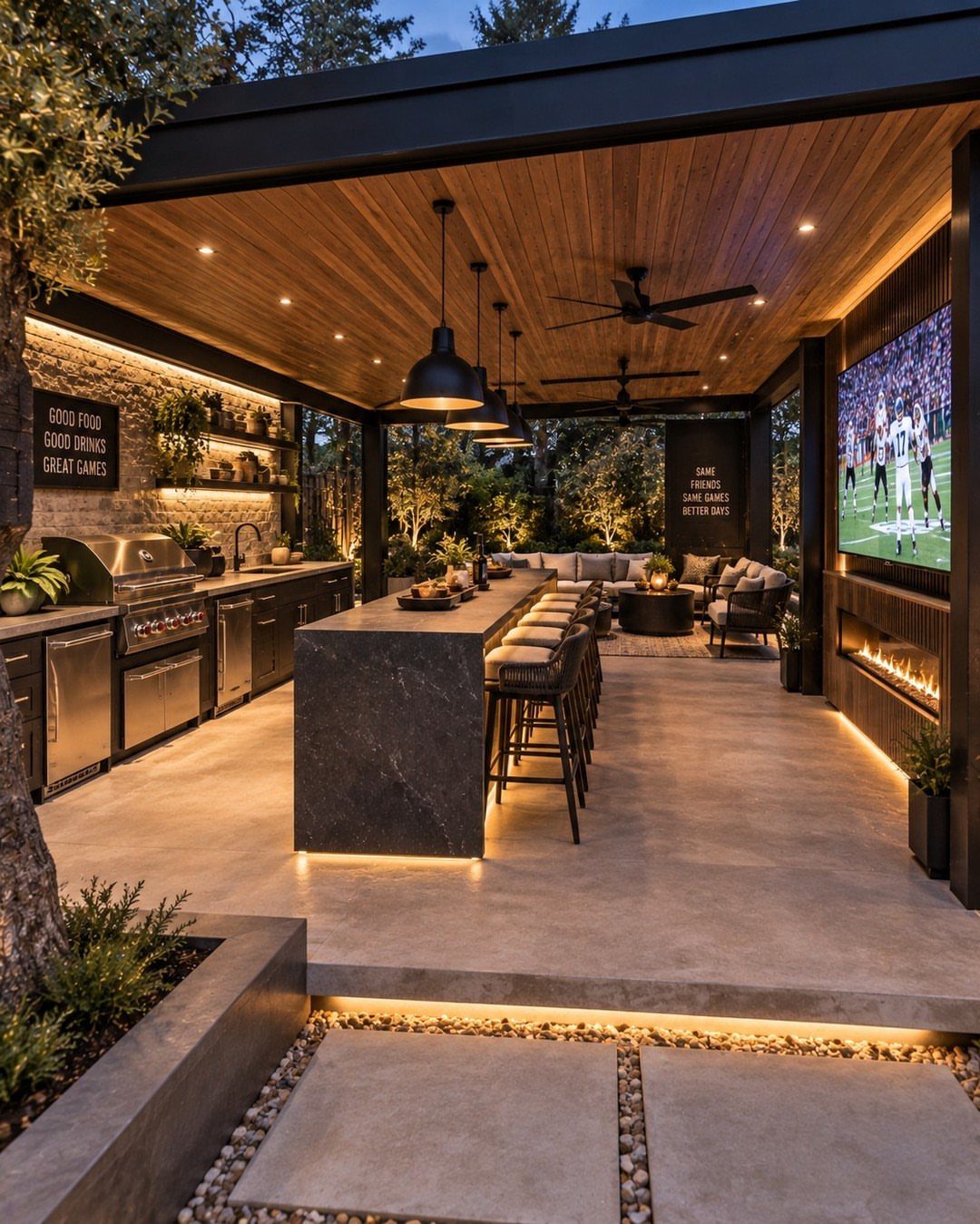10 Foot Outdoor Kitchen: 5 Plans That Actually Fit the Space 1 Modern outdoor kitchen with a long dark stone island, bar stools, and stainless steel appliances.