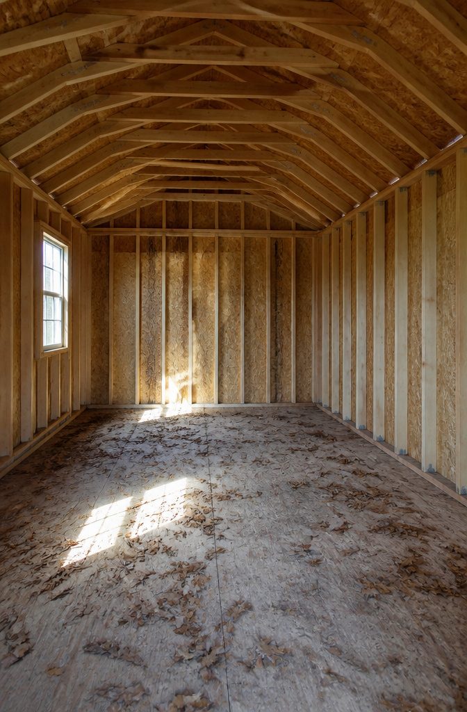 6 Ideas for Your 10x20 Shed Interior: Storage, Layout, and Use 6 Close-up of the wooden framework inside a 10x20 shed.