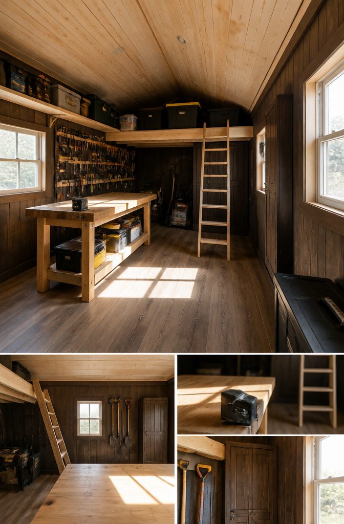 6 Ideas for Your 10x20 Shed Interior: Storage, Layout, and Use 4 A 10x20 shed interior showing windows and loft storage options.