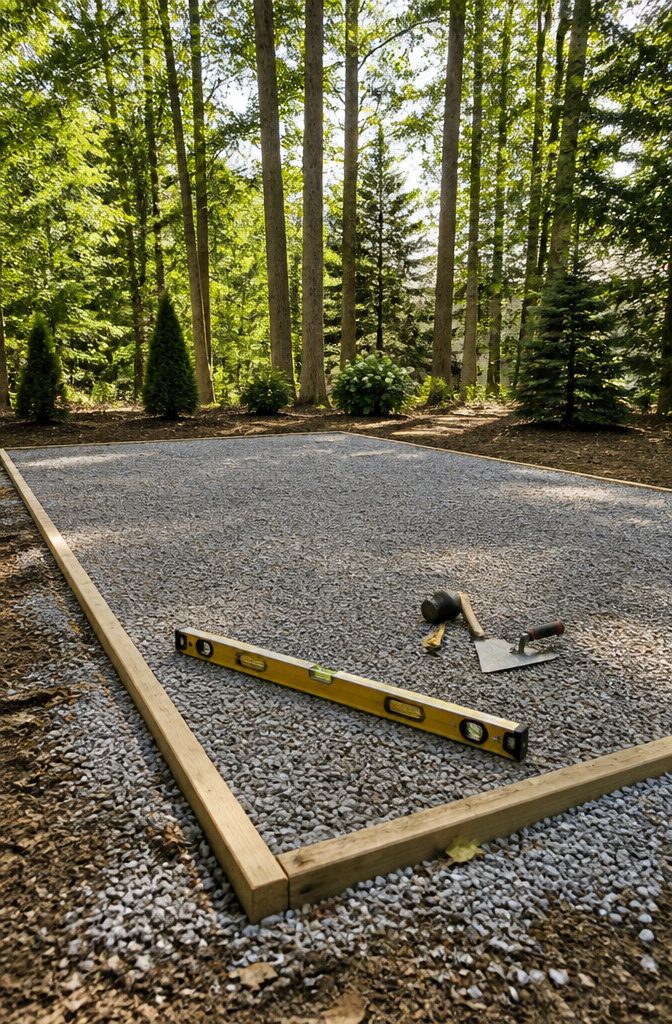 6 Ideas for Your 10x20 Shed Interior: Storage, Layout, and Use 7 Gravel pad being leveled for a 10x20 shed foundation.