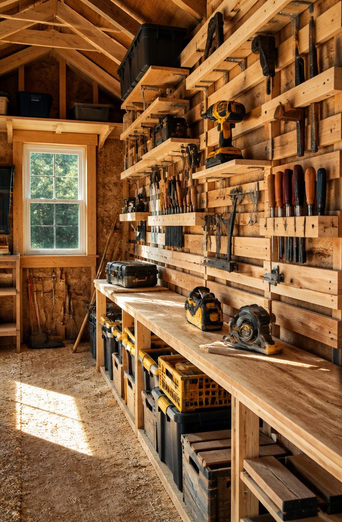 6 Ideas for Your 10x20 Shed Interior: Storage, Layout, and Use 9 Organized interior of a 10x20 shed with shelves and tools hung on walls.
