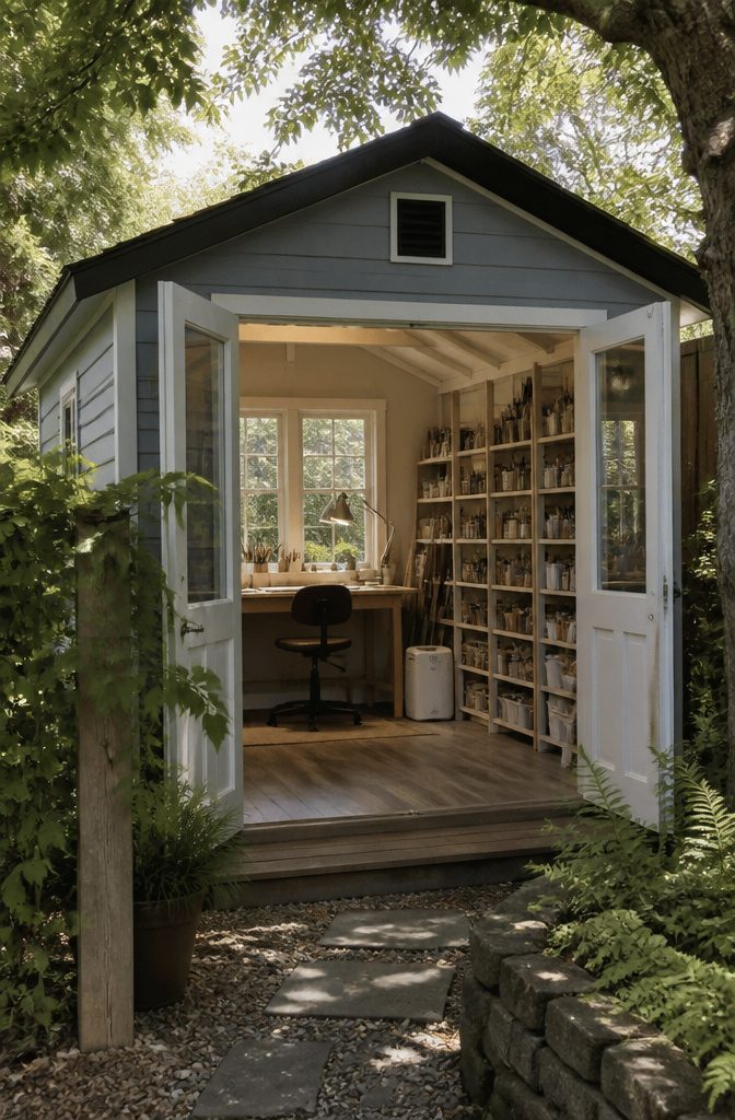 6 Ideas for Your 10x20 Shed Interior: Storage, Layout, and Use 5 Interior of a 10x20 shed arranged as a workspace with a desk.