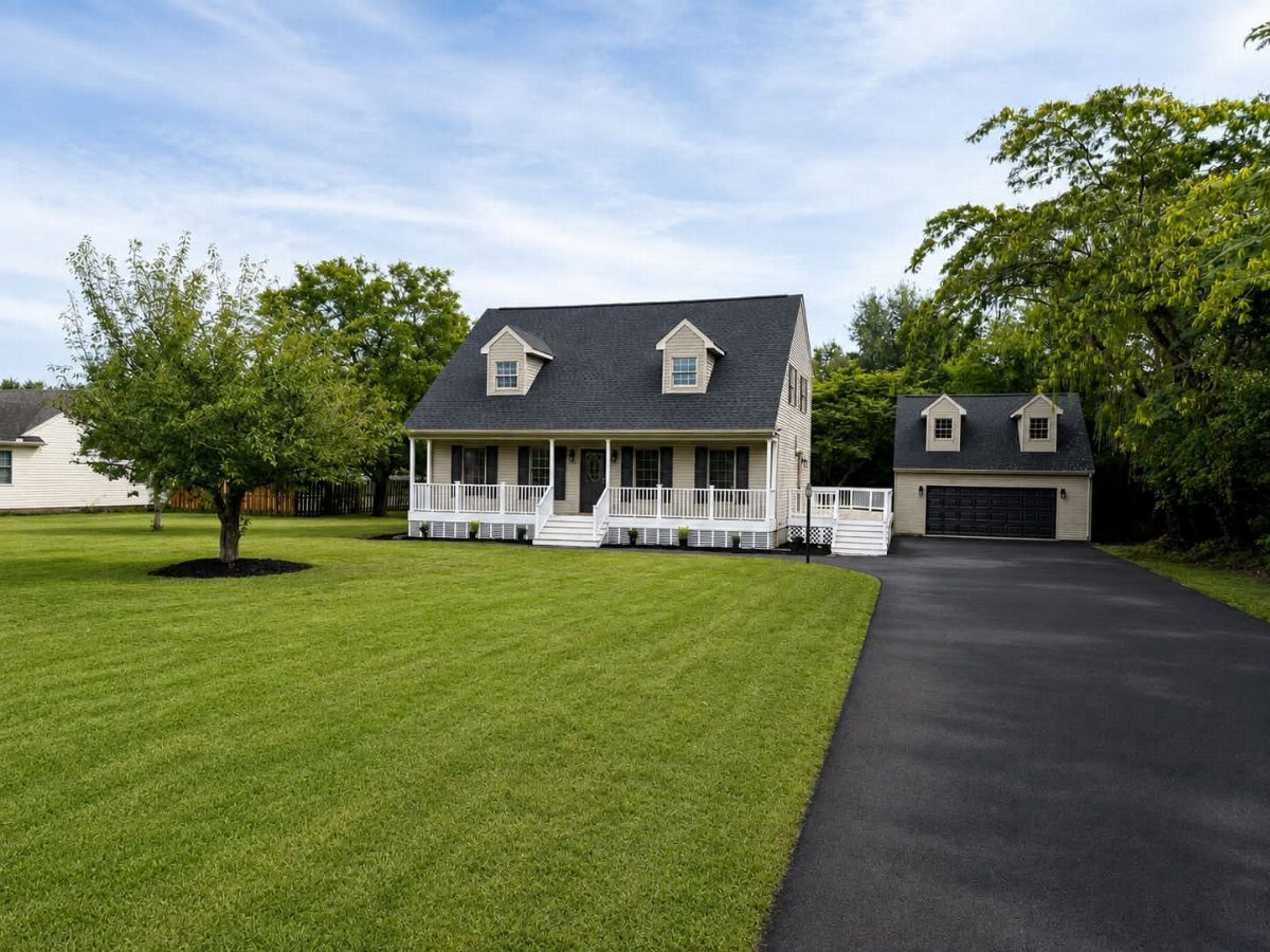 A gray two-story house with a white porch and a detached garage beside a black driveway.