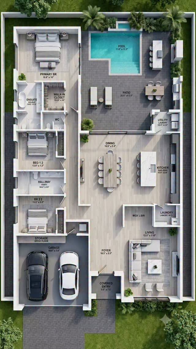 3D floor plan showing a house layout with a pool, patio, living spaces, and a two-car garage.