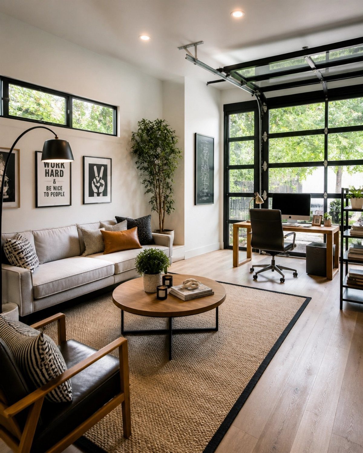 2 Car Garage Makeover Ideas: 8 Projects for a Finished Space 3 Modern living room with sofa, coffee table, and desk set inside a garage with glass doors.