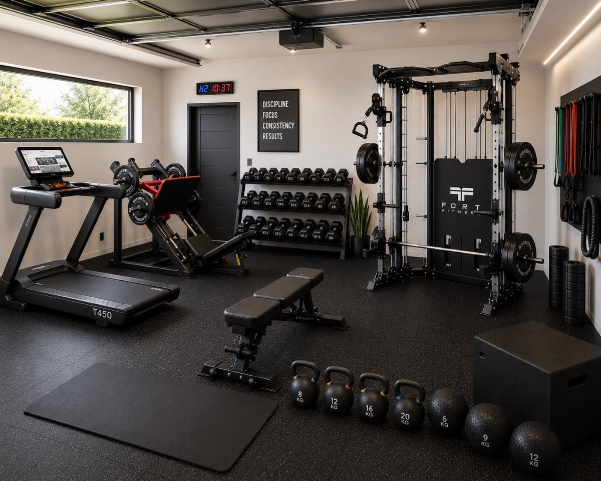 2 Car Garage Makeover Ideas: 8 Projects for a Finished Space 2 Modern home gym equipment including a treadmill, weight bench, and dumbbells on a black floor.