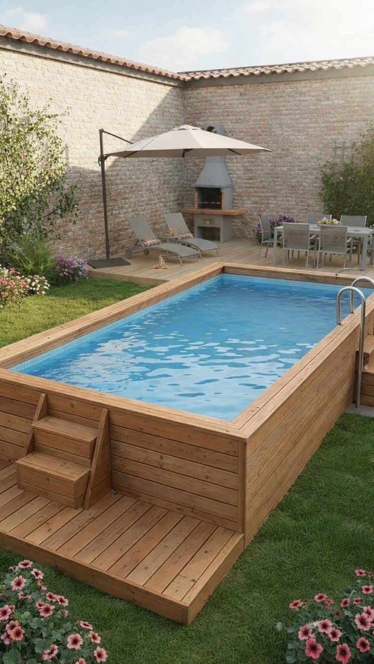 A rectangular wooden above ground pool with blue water and small steps on a grassy lawn.
