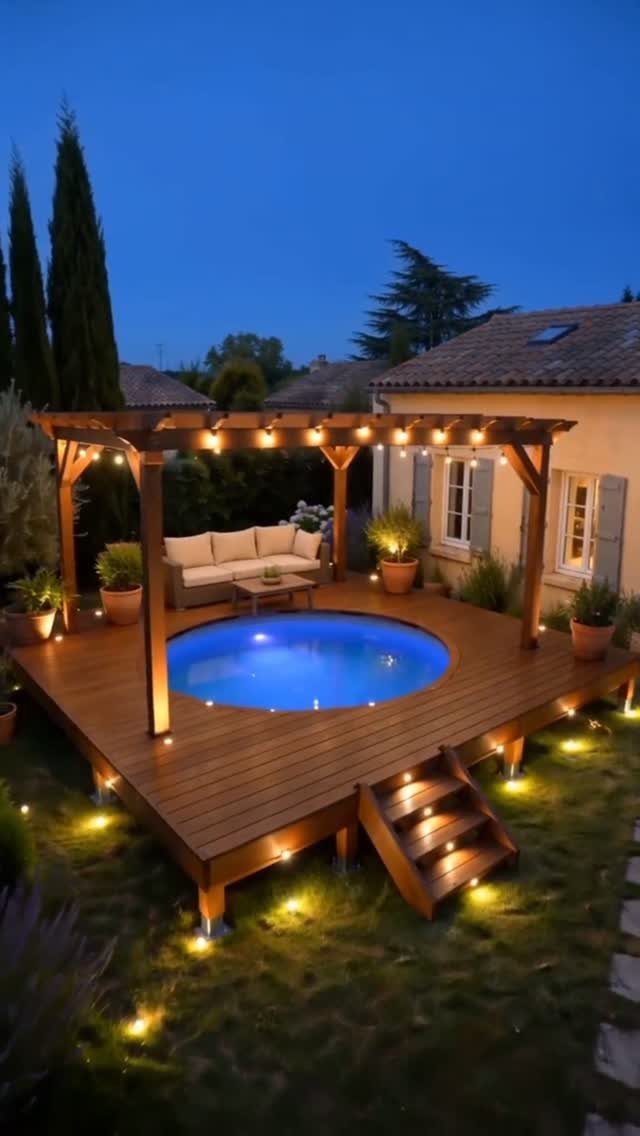 Wooden deck with a circular pool, pergola, and warm lighting in a backyard setting.