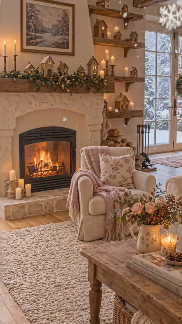 A cozy living room with a glowing fireplace, armchair, and festive decorations.