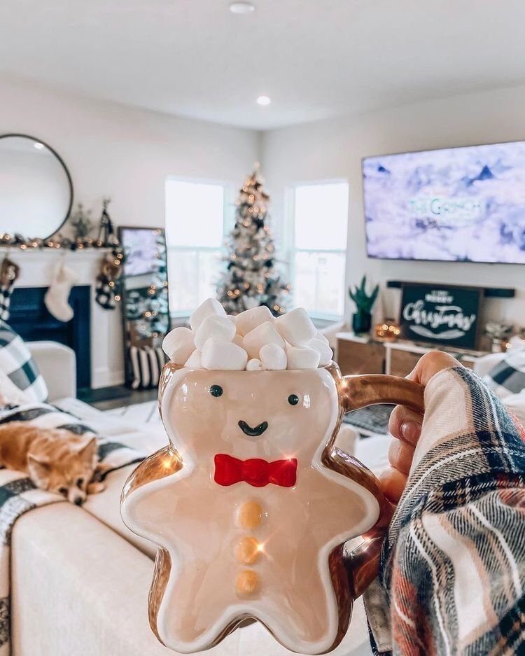 A gingerbread man mug filled with hot cocoa and marshmallows held in a cozy living room.