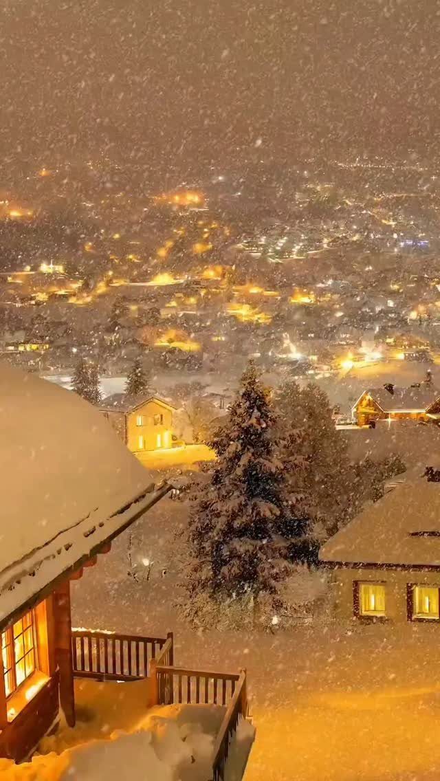 Snow-covered evergreen trees and rooftops overlooking a glowing town during a nighttime snowfall.