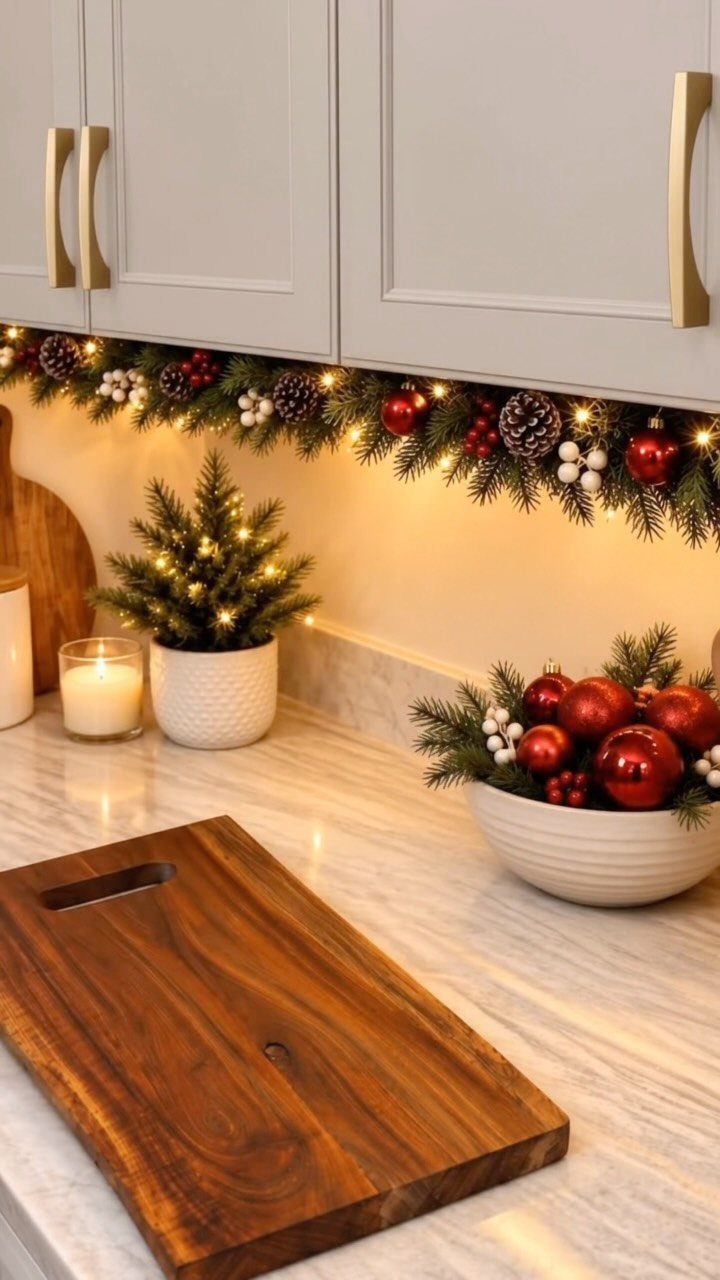 Christmas garland with lights and ornaments decorating a kitchen countertop with a small pine tree.