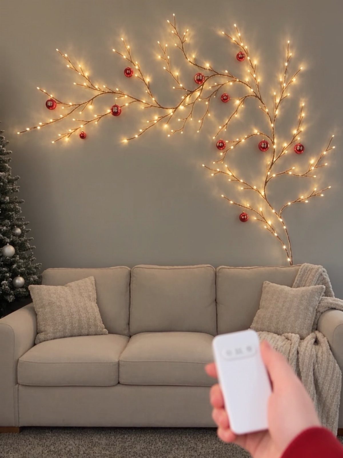 Lighted branches with red ornaments decorate a wall above a beige sofa.