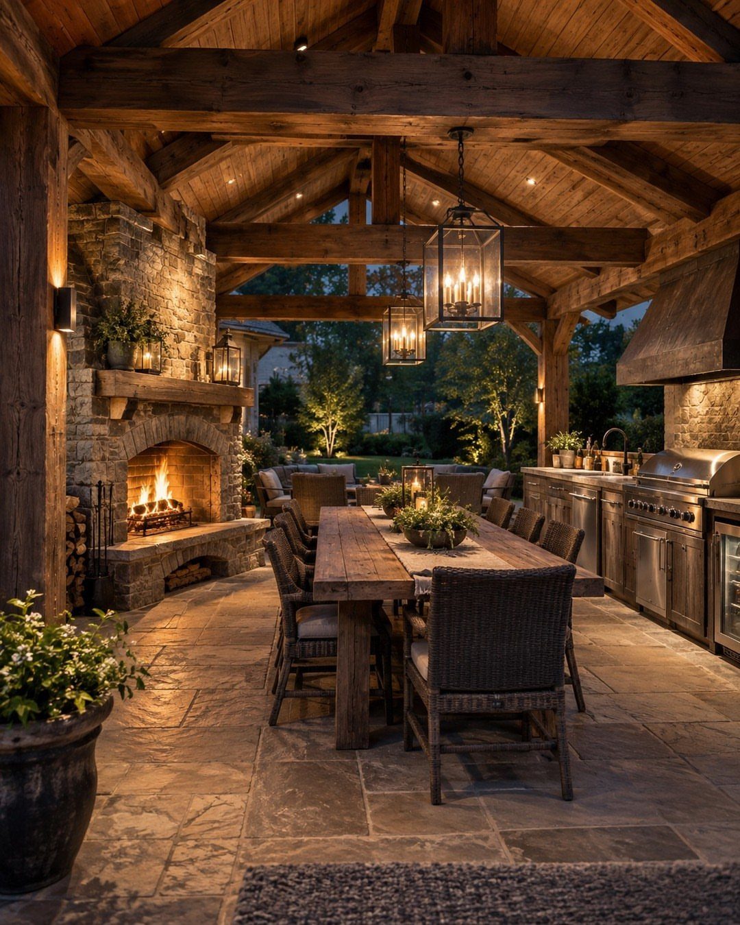 7 Back Porch Outdoor Kitchen Ideas for Covered Cooking 7 Stone fireplace with a glowing fire in a rustic outdoor dining and kitchen area.