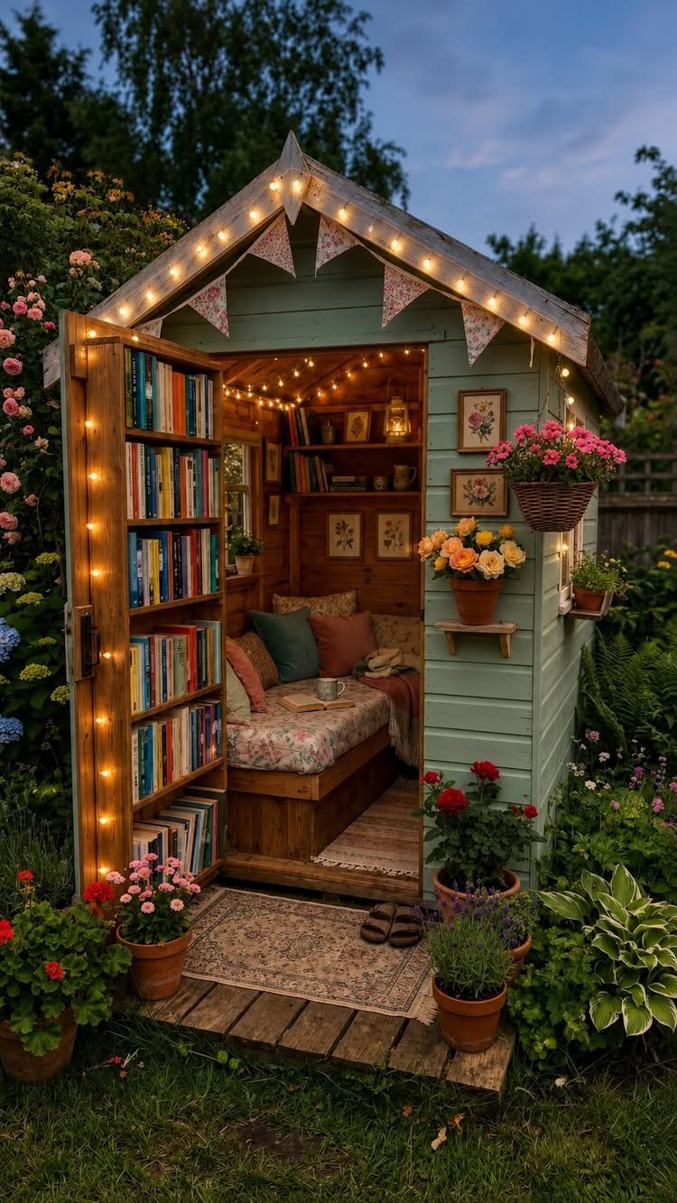 8 Book Shed Ideas for Shelves, Nooks and Hidden Doors 5 A small green garden shed converted into a cozy reading nook with bookshelves and warm lighting.
