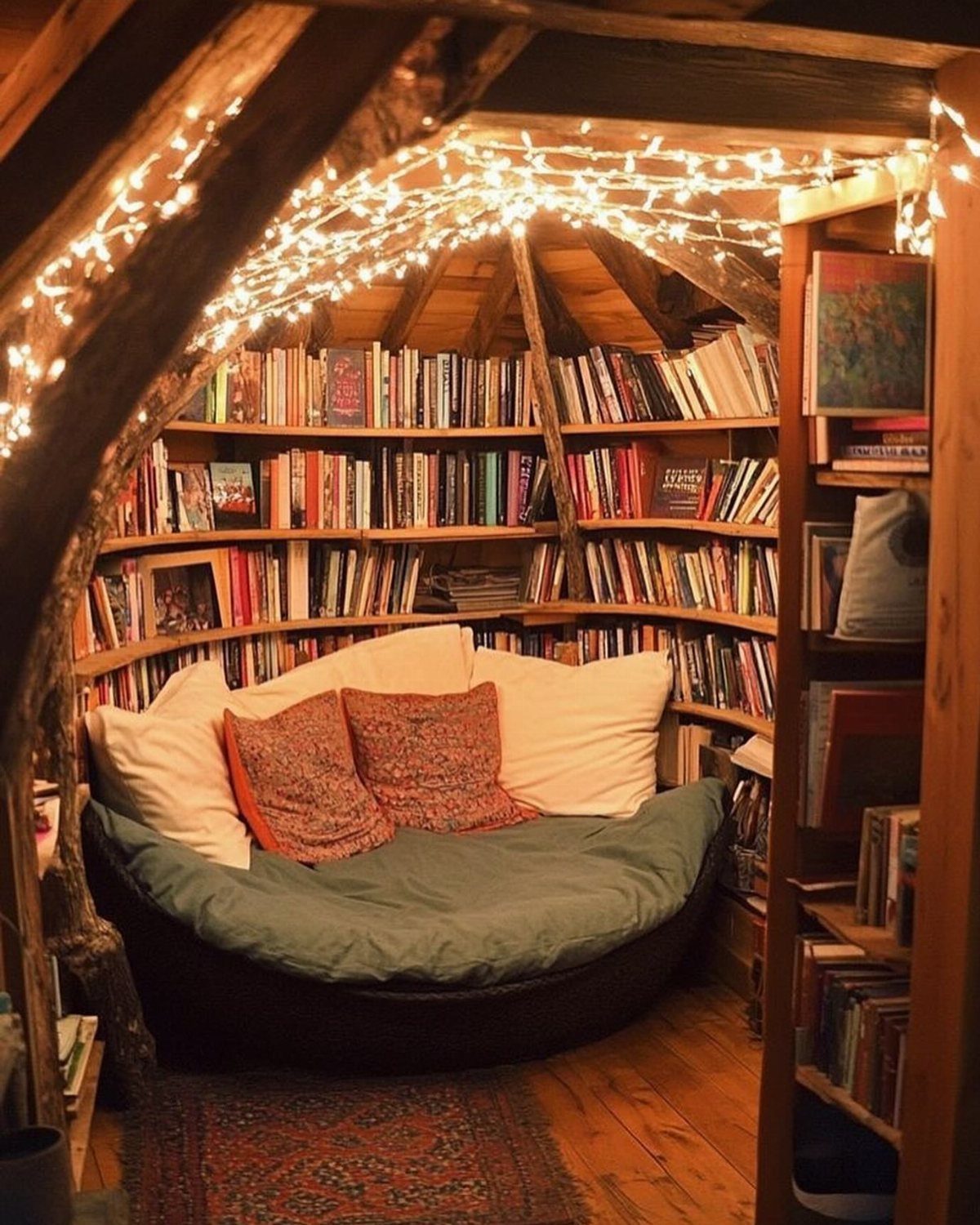 8 Book Shed Ideas for Shelves, Nooks and Hidden Doors 8 A cozy reading nook with circular daybed, bookshelves, and warm fairy lights inside a wooden structure.