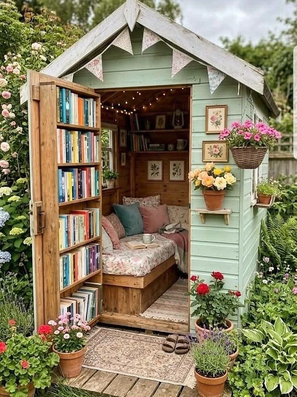 8 Book Shed Ideas for Shelves, Nooks and Hidden Doors 3 A green garden shed with a bookshelf door opening to a cozy cushioned reading nook.