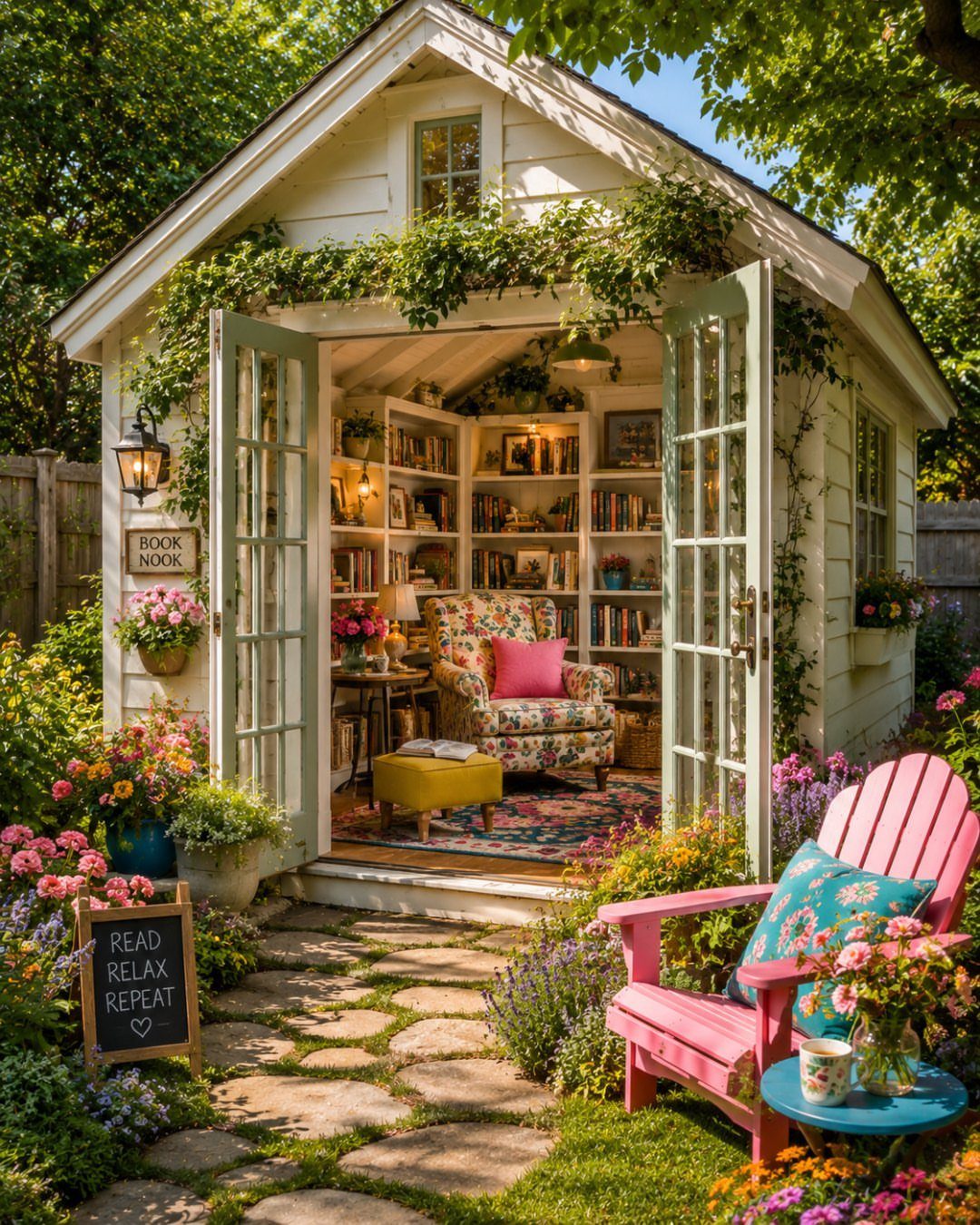 8 Book Shed Ideas for Shelves, Nooks and Hidden Doors 7 A white garden shed converted into a cozy reading nook with bookshelves and a floral armchair.