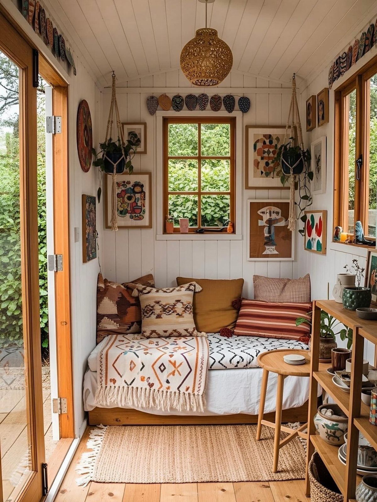 8 Book Shed Ideas for Shelves, Nooks and Hidden Doors 2 A cozy reading nook with a daybed, patterned pillows, and a woven rug on the floor.