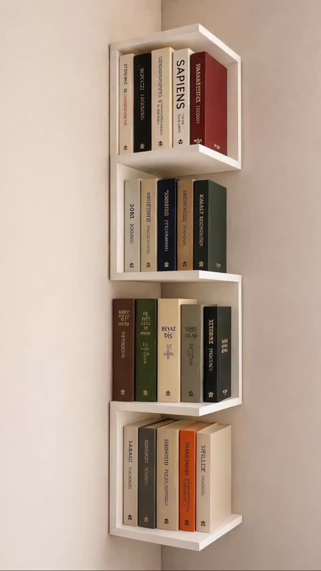 8 Book Shed Ideas for Shelves, Nooks and Hidden Doors 1 White floating corner shelves filled with various hardcover books mounted on a light wall.