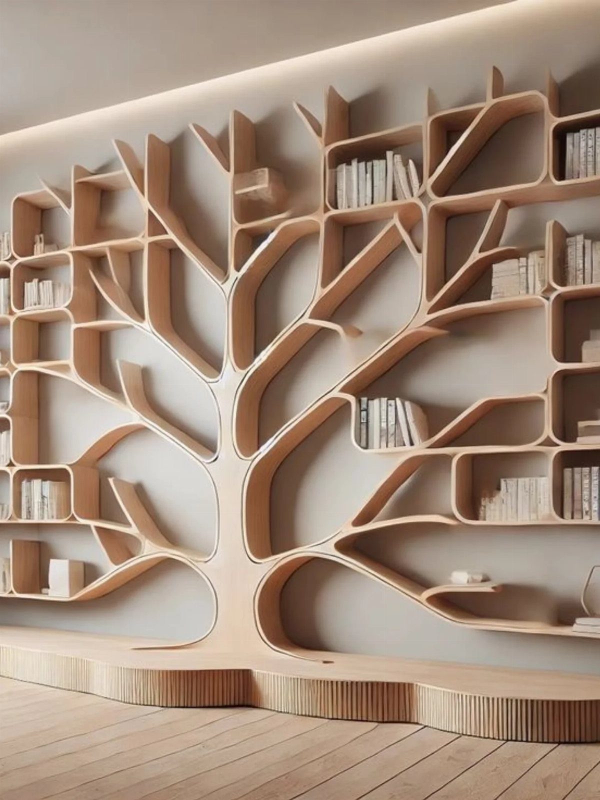 8 Book Shed Ideas for Shelves, Nooks and Hidden Doors 6 A large wooden tree-shaped bookshelf with many branches acting as shelves filled with books.