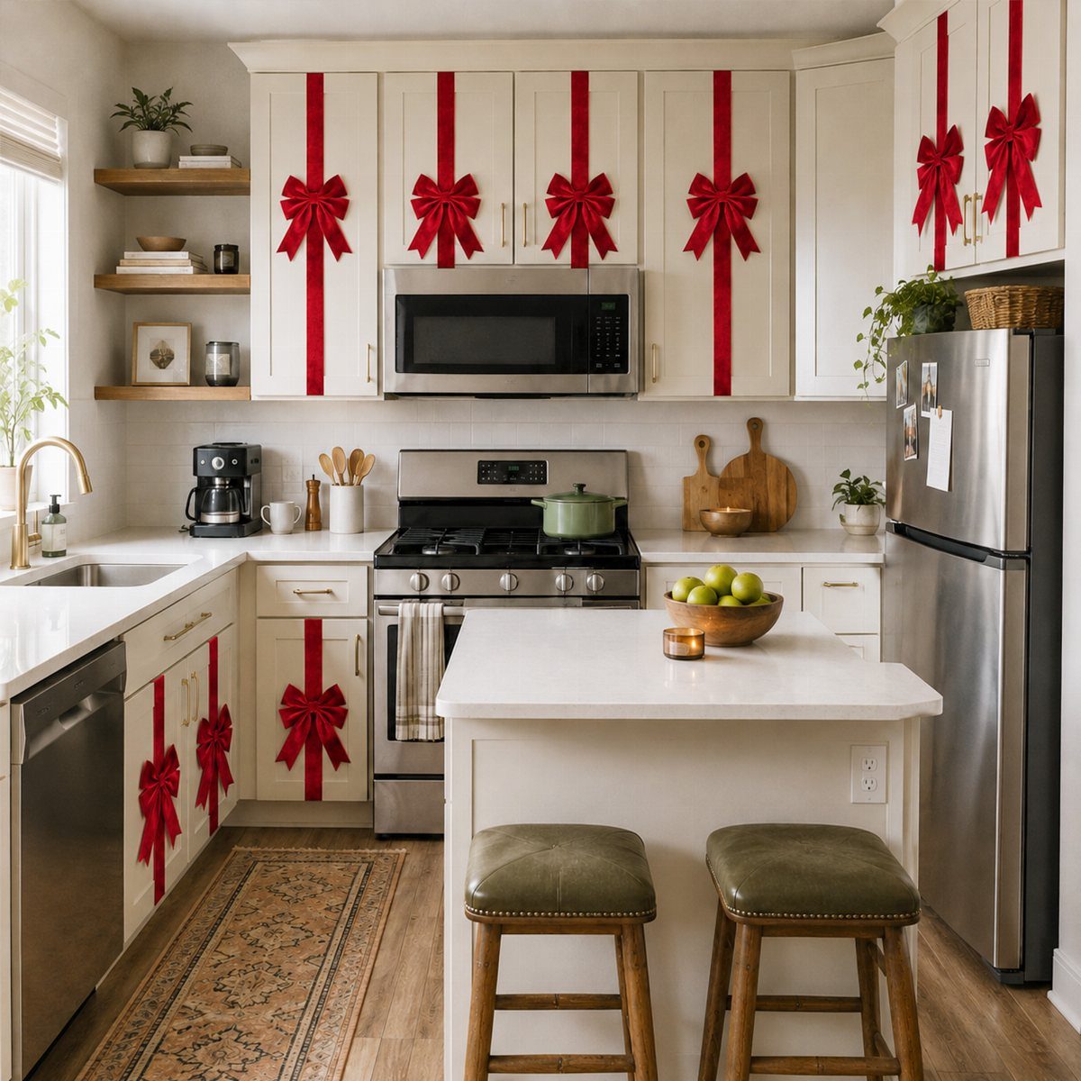 Christmas Bow Decor: 10 Ways to Use Them 3 White kitchen cabinets decorated with large red ribbon bows and a stainless steel refrigerator.