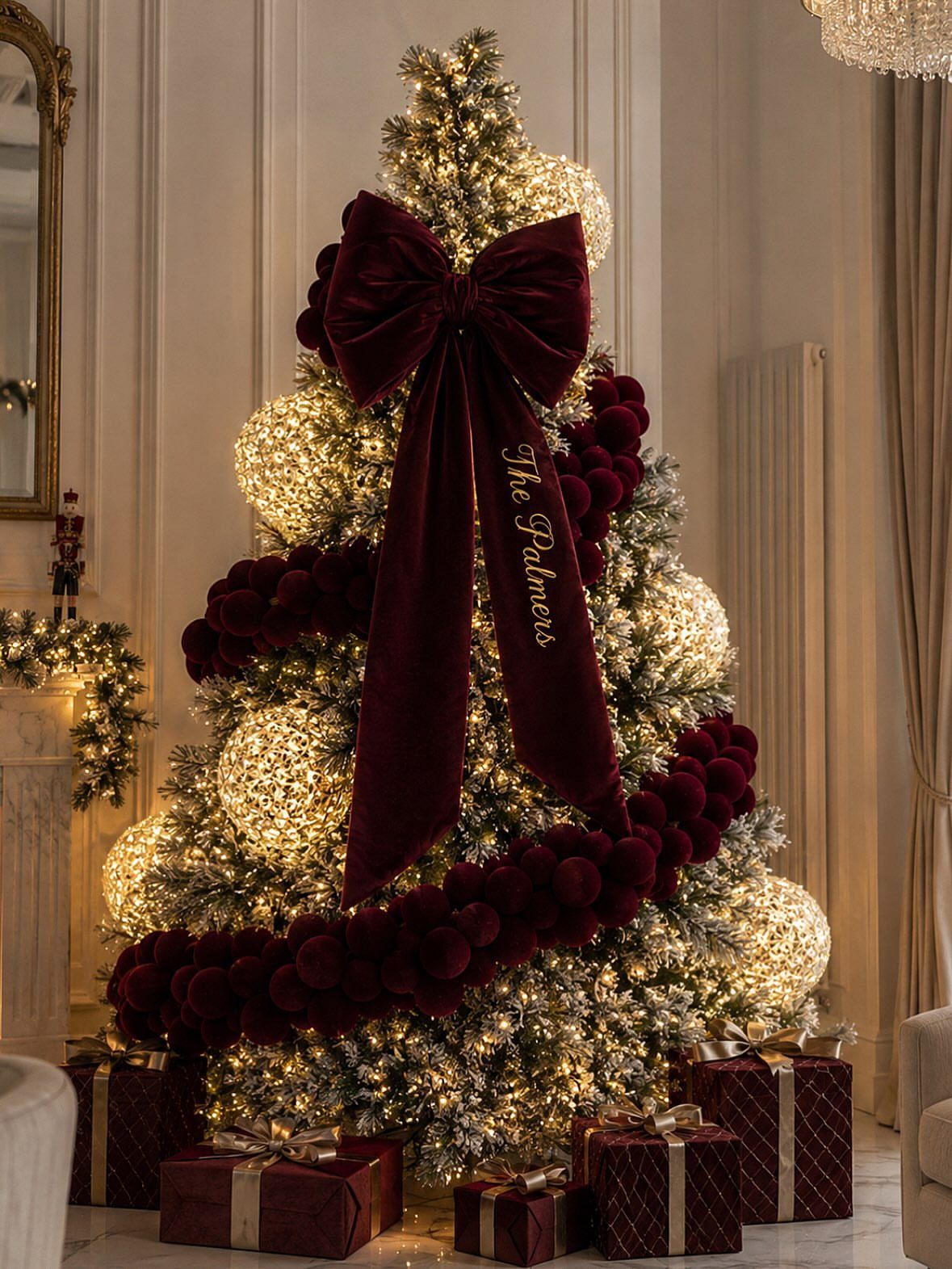 Christmas Bow Decor: 10 Ways to Use Them 10 A decorated Christmas tree featuring a large dark red velvet bow at the top and glowing white ornaments.