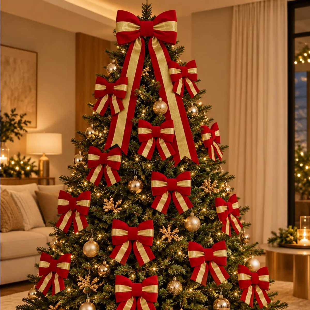 Christmas Bow Decor: 10 Ways to Use Them 1 Christmas tree decorated with large red velvet bows featuring gold satin ribbon edges and gold ornaments.