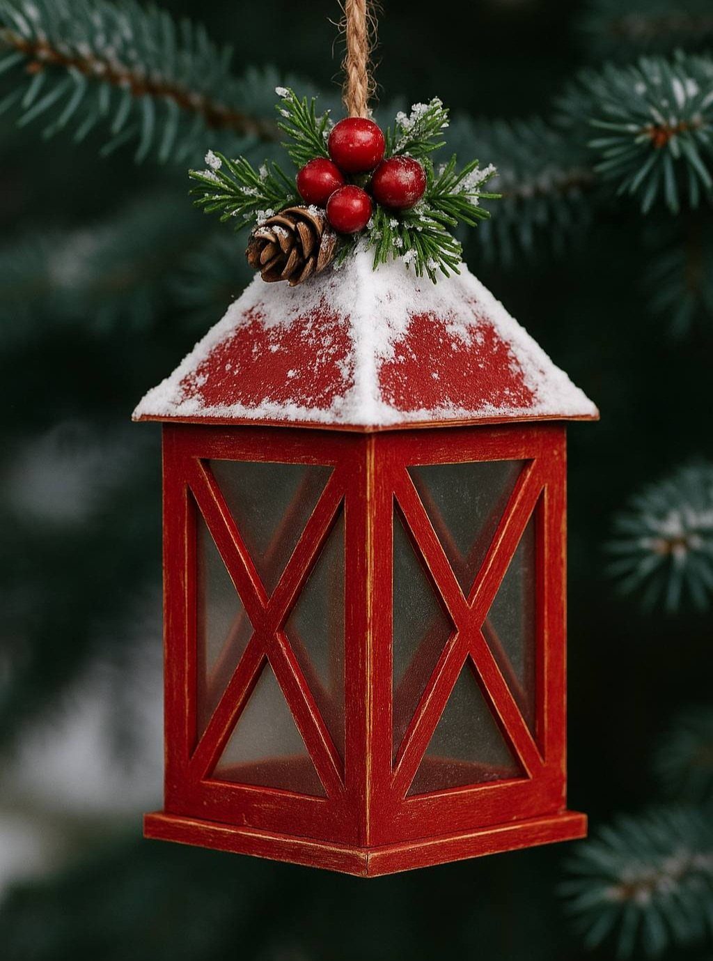 Red wooden lantern with snow-dusted roof and berries hanging from a pine tree branch.