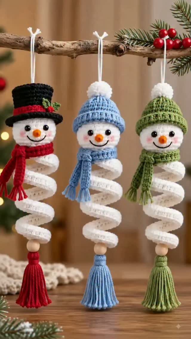 Three crocheted snowman ornaments with colorful hats and tassels hanging from a tree branch.