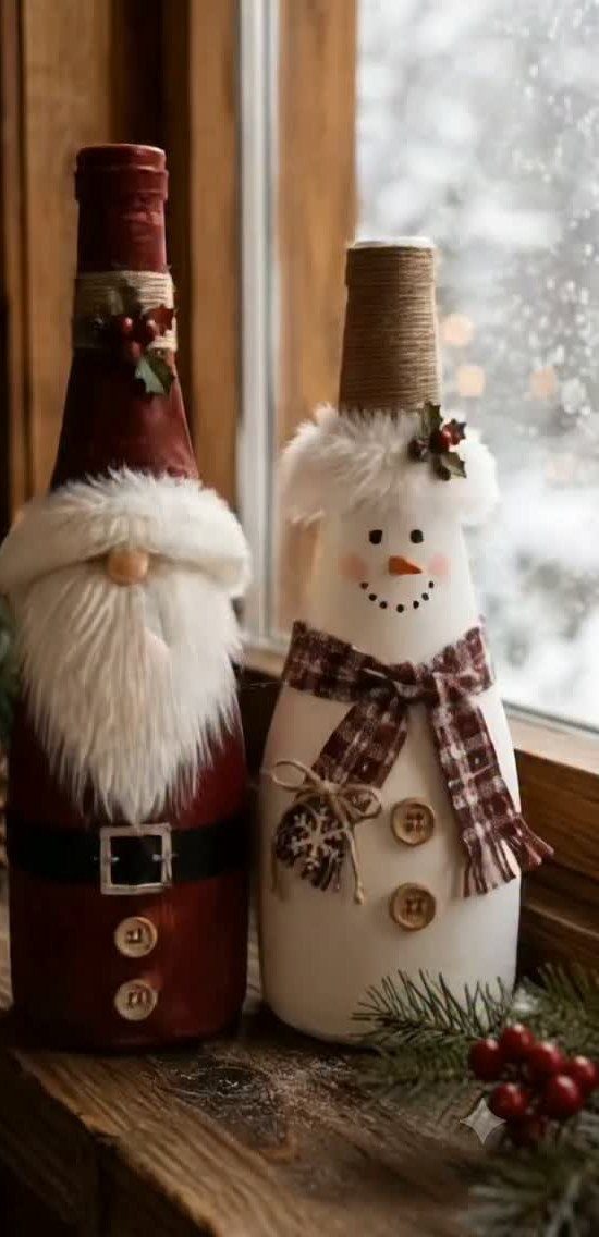 Two decorated bottles styled as a Santa Claus and a snowman sitting on a wooden windowsill.