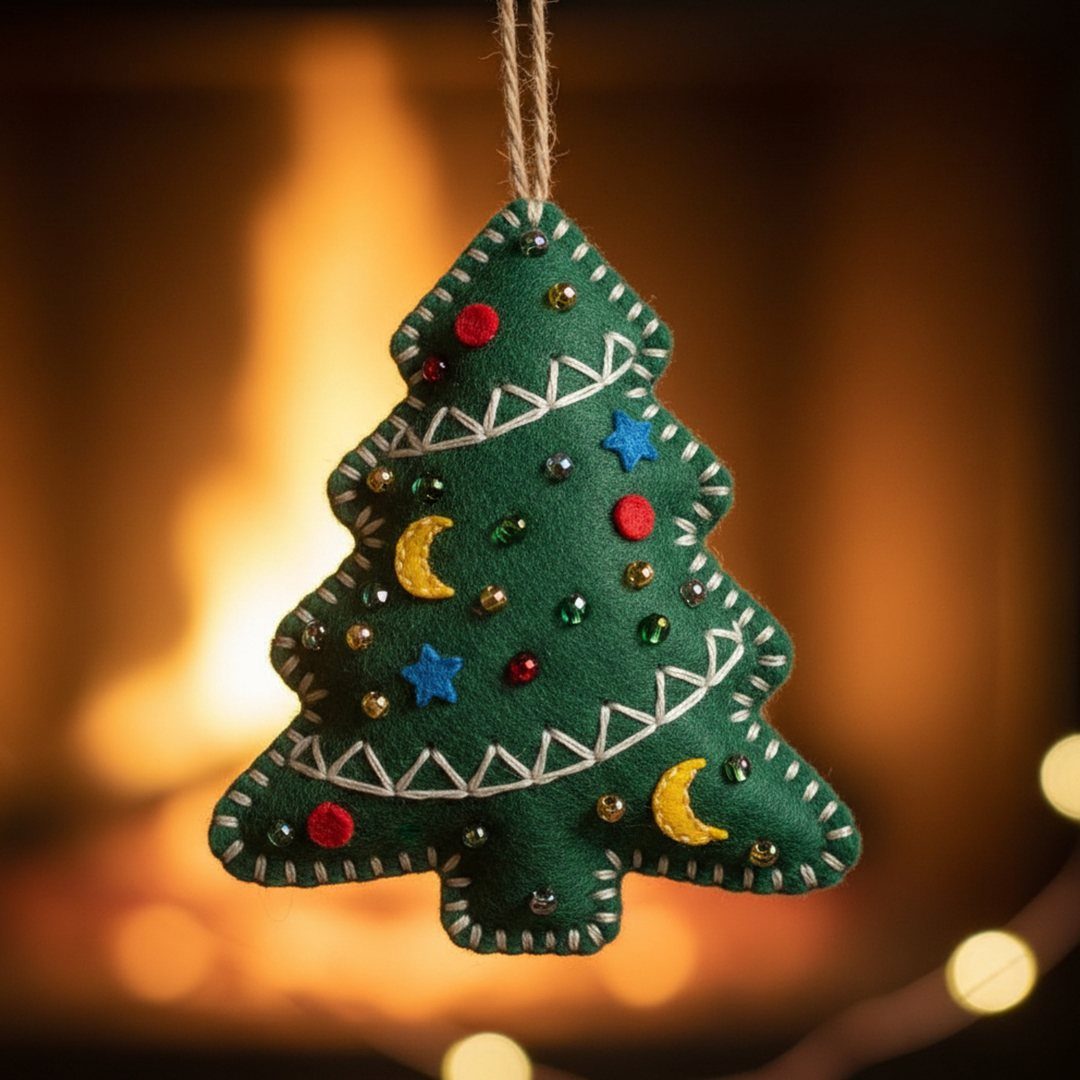 A green felt Christmas tree ornament decorated with beads and moons hanging against a fireplace.