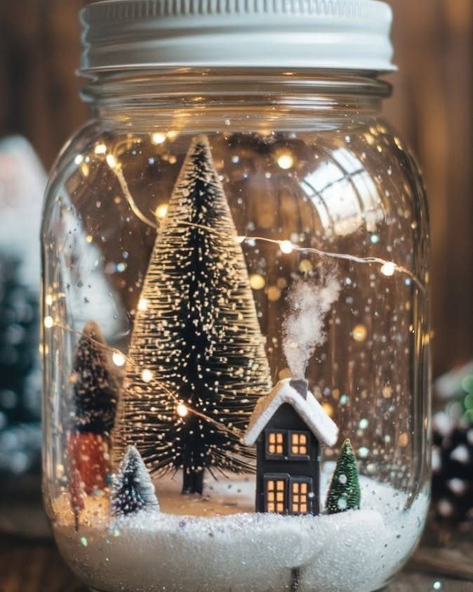 A mason jar snow globe featuring miniature trees, a small house, and twinkling lights.