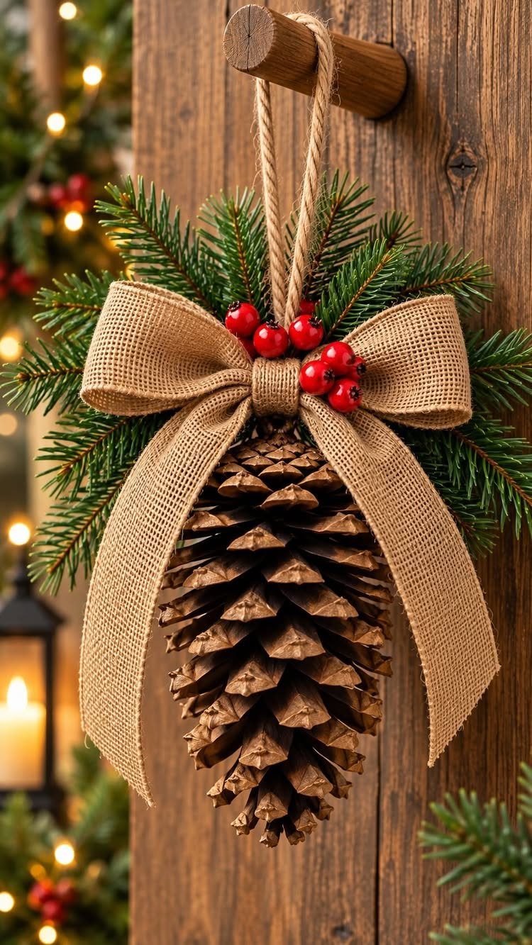 A large pinecone ornament decorated with burlap, evergreen branches, and red berries hanging on wood.
