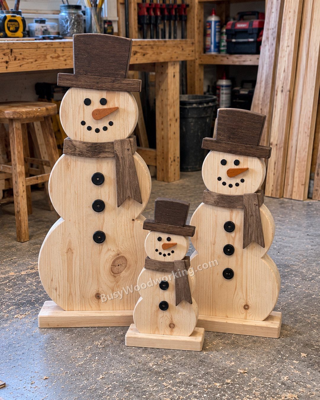 Three wooden snowman cutouts of different sizes standing on a workshop floor.