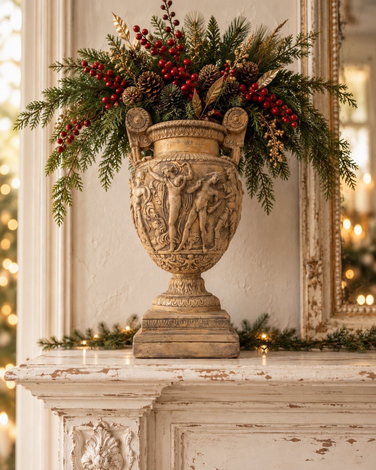 An ornate classical urn filled with evergreen branches, pinecones, and red berries on a white mantel.