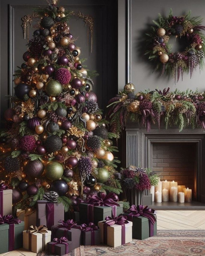 Christmas tree and fireplace mantel decorated with purple, gold, and burgundy ornaments and greenery.