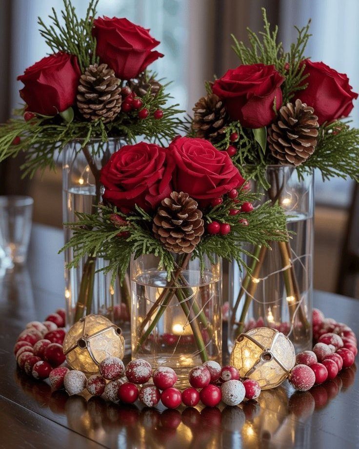 Christmas Table Centerpieces: 8 Ideas for Holiday Tables 1 Red roses and evergreen sprigs in glass vases surrounded by a berry wreath.