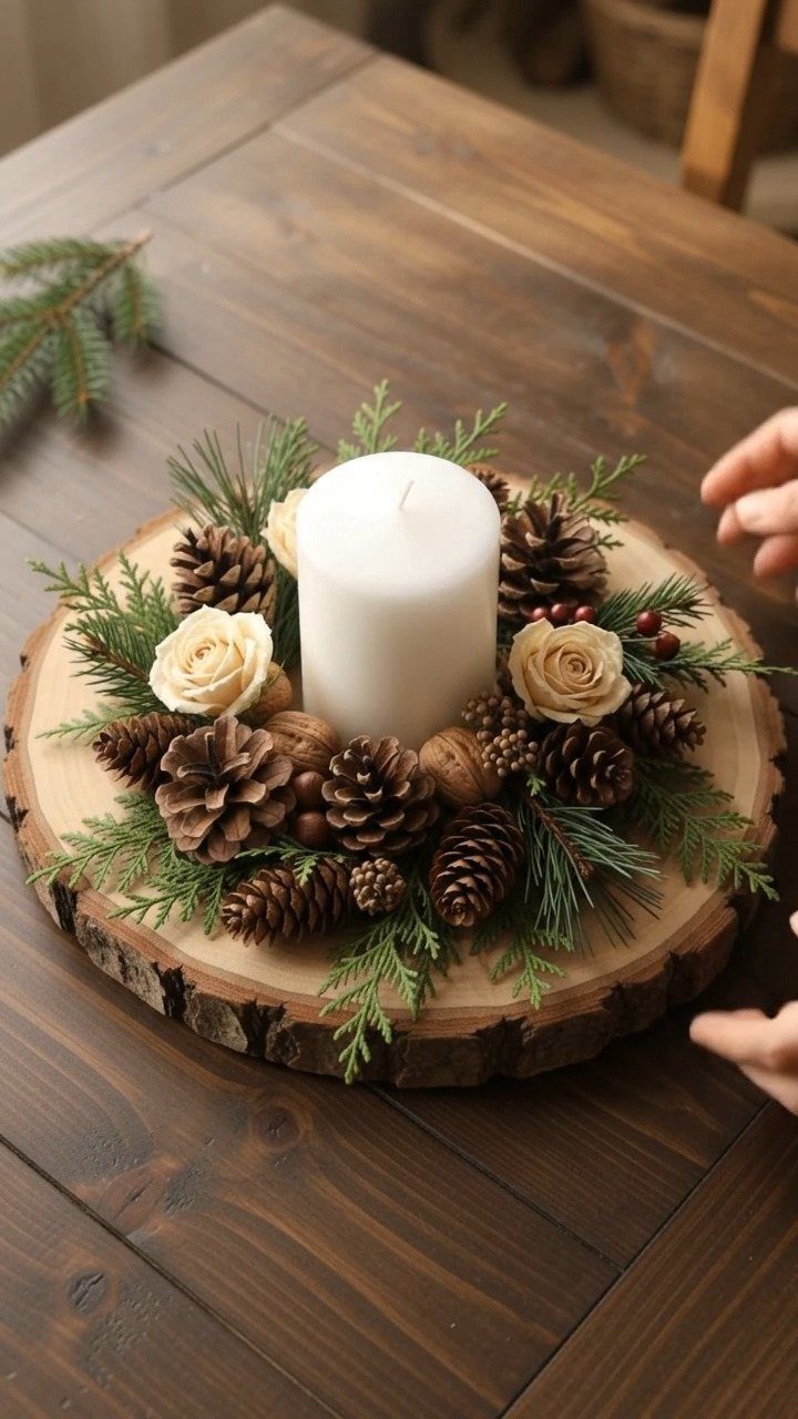Christmas Table Centerpieces: 8 Ideas for Holiday Tables 7 A white pillar candle surrounded by pinecones, roses, and greenery on a wooden slice base.