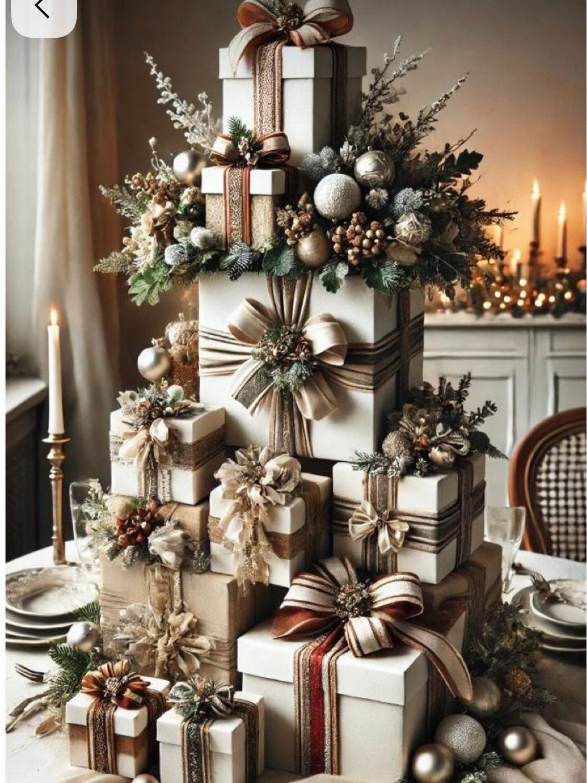 Christmas Table Centerpieces: 8 Ideas for Holiday Tables 6 Stacked wrapped gift boxes decorated with gold ornaments and pine branches on a table.