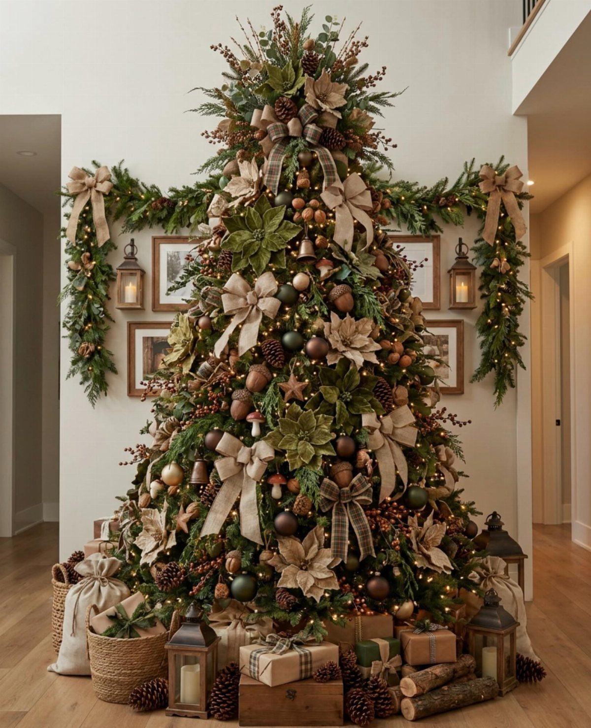 A decorated Christmas tree featuring pinecones, burlap bows, and warm lights in a living room.