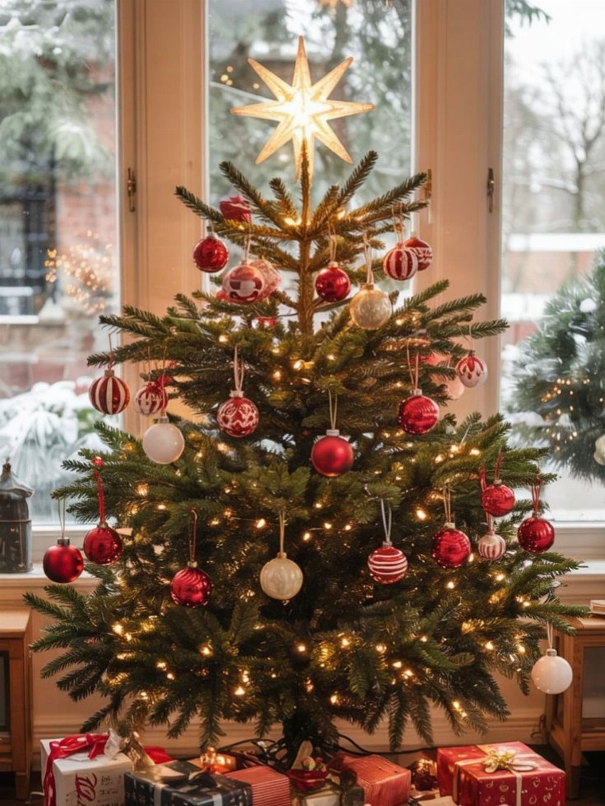 A decorated green Christmas tree with red ornaments and warm lights in front of a window.