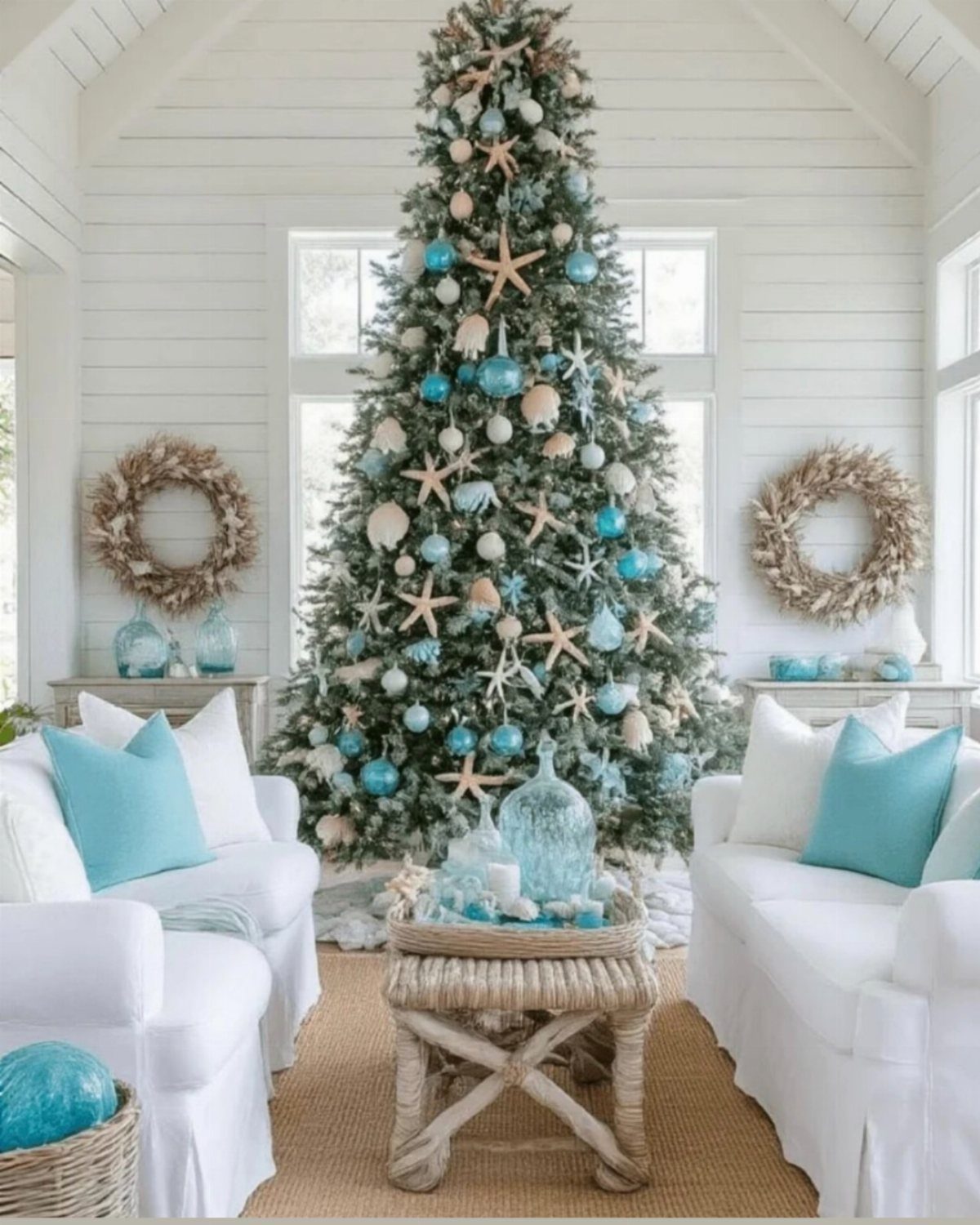 A decorated Christmas tree featuring blue ornaments and starfish in a bright white living room.