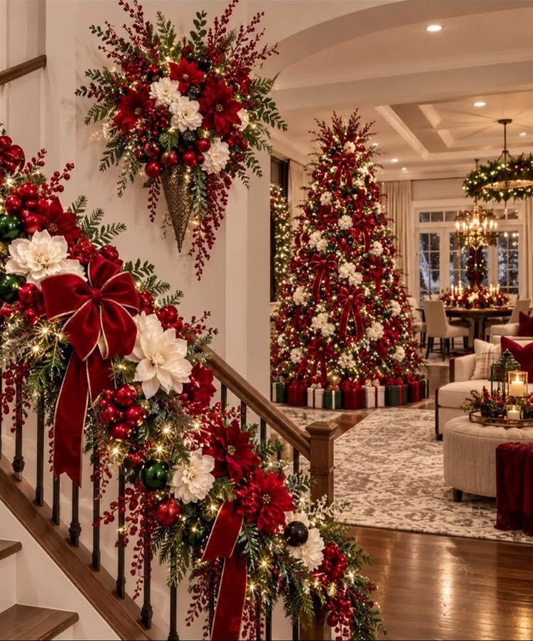 A Christmas tree and staircase garland decorated with red and white flowers and ornaments.