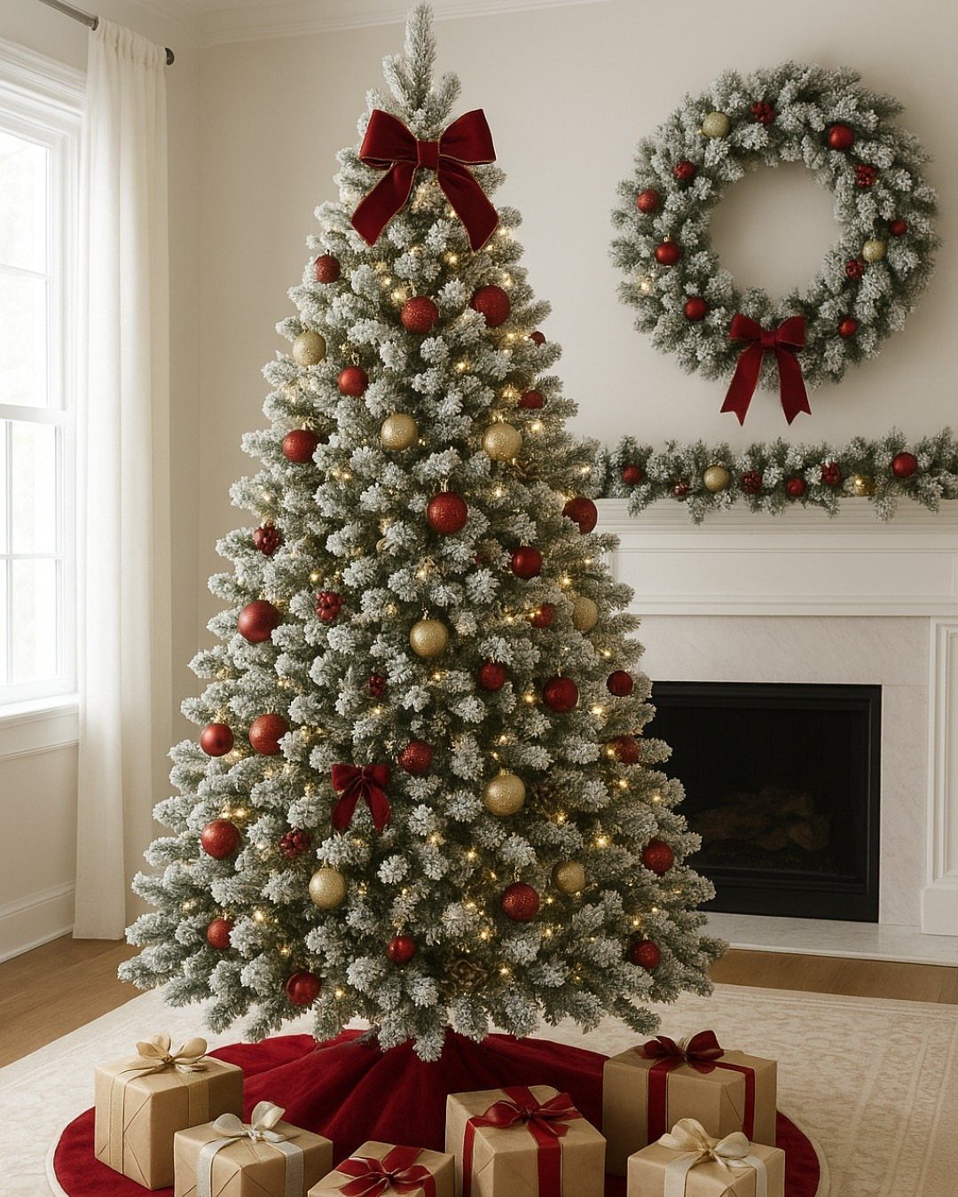 A large flocked Christmas tree decorated with red and gold ornaments and warm lights.