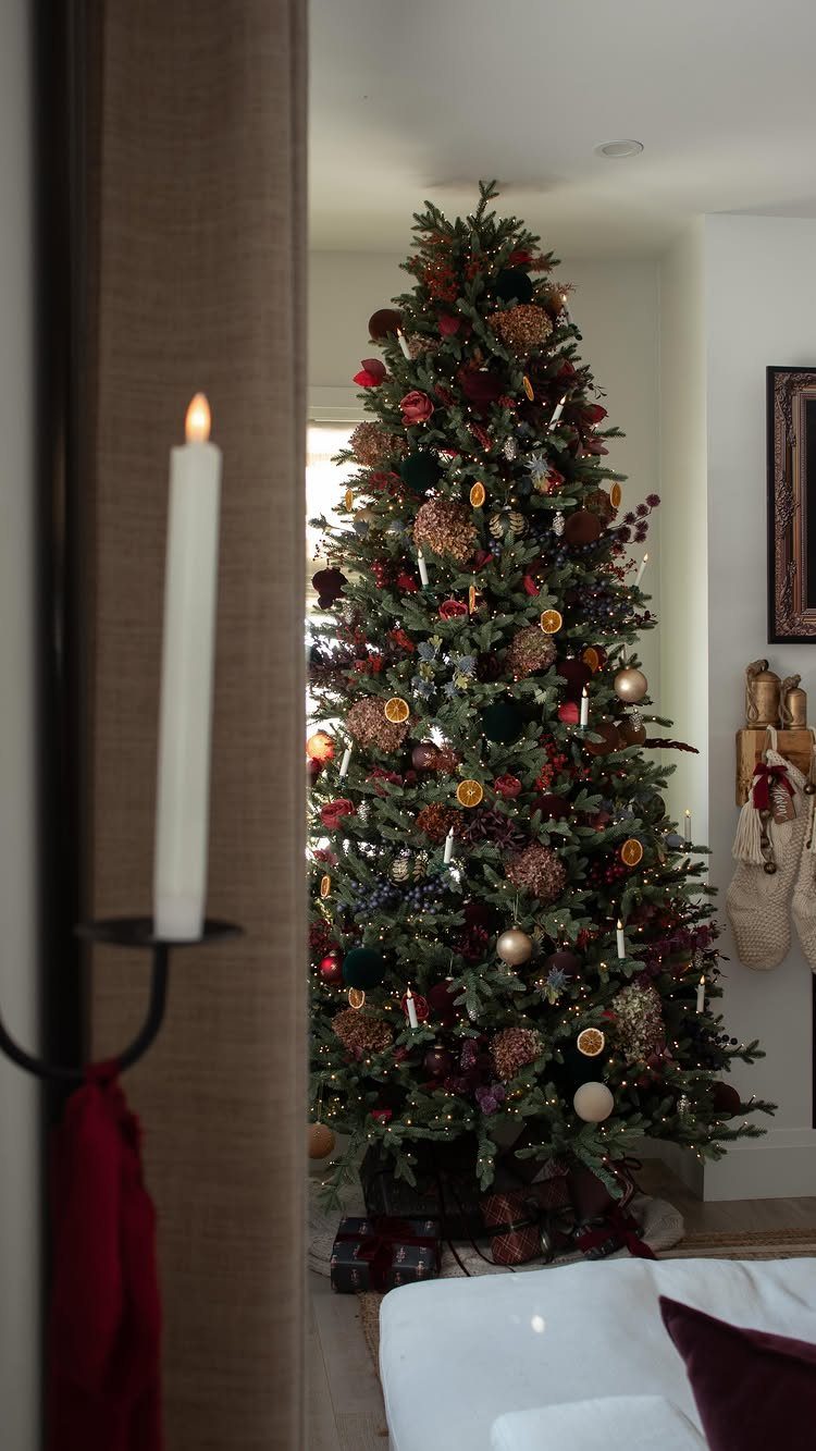 A decorated Christmas tree with red, gold, and green ornaments and warm lights.