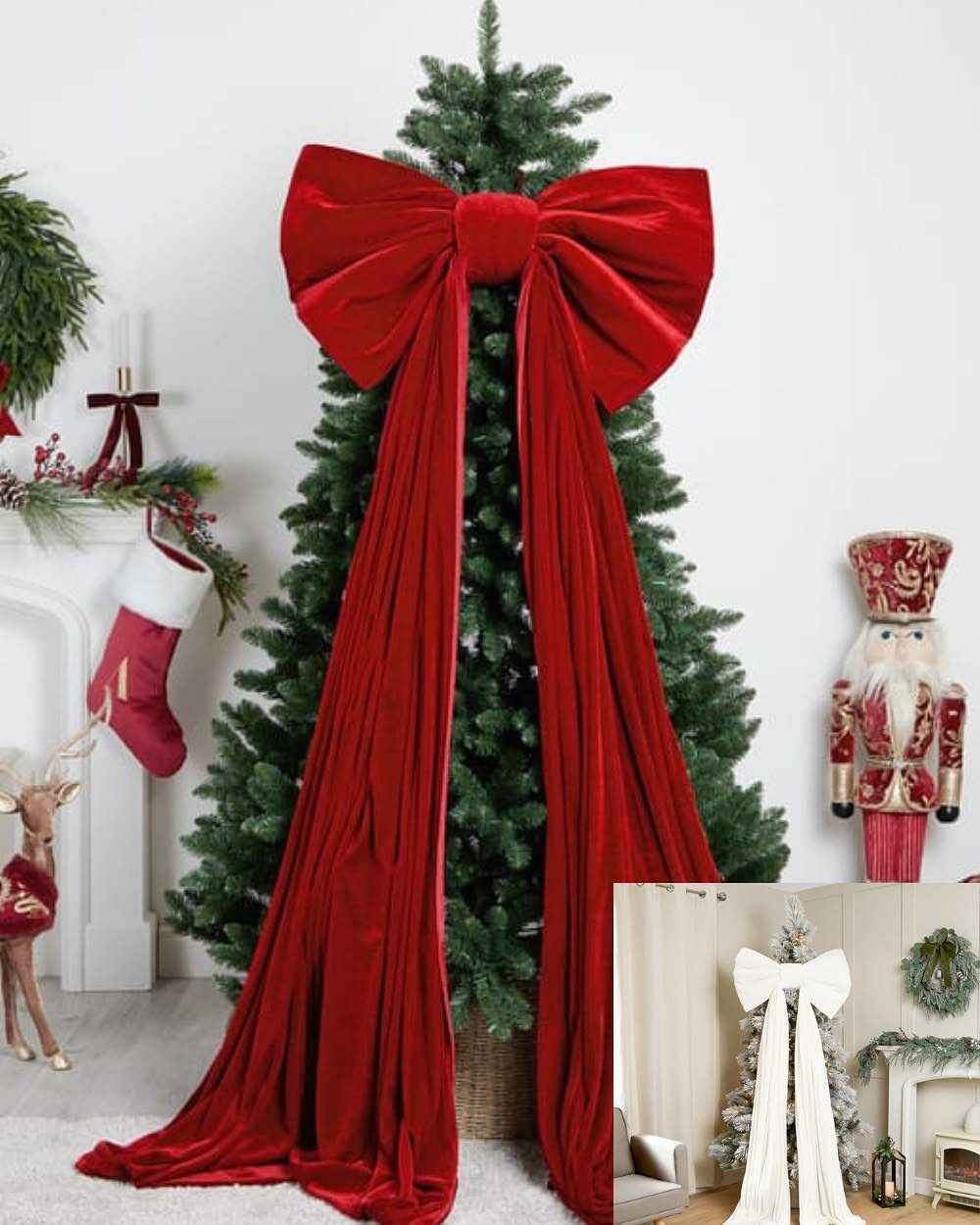 A green Christmas tree featuring a large, dramatic red velvet bow with long flowing tails.