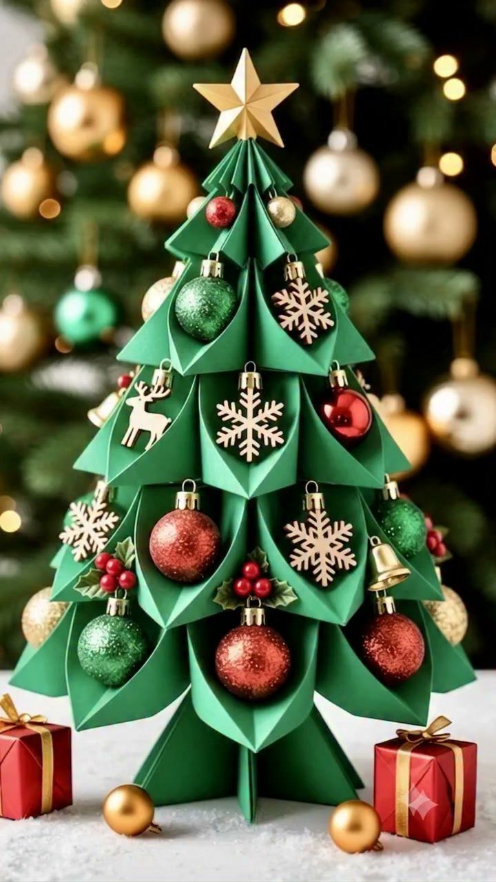 A green folded paper Christmas tree decorated with ornaments and a gold star topper.
